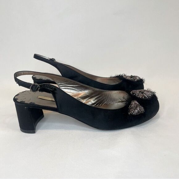 Max Studio Women's Black Satin Feather Metallic Slingback Heels Size 7.5 - Picture 4 of 9